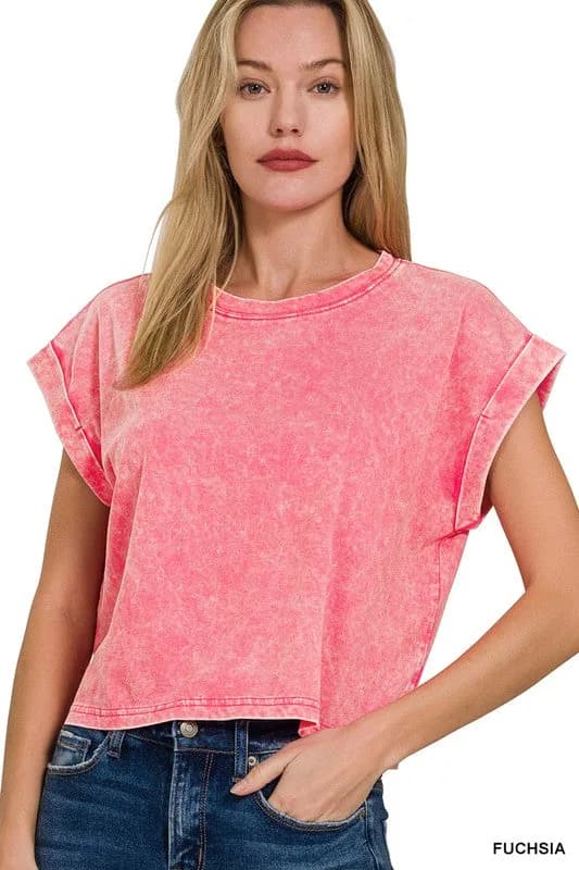 Acid Wash Cotton Folded Sleeve Top Zenana