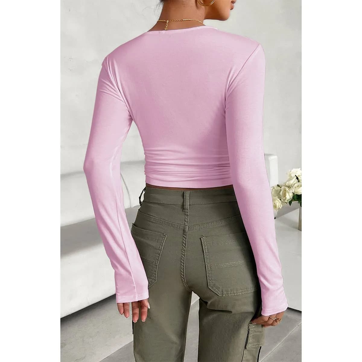 Round Neck Solid Long Sleeves Elastic Fit Top (Pink)