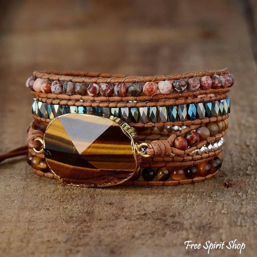 Natural Tiger Eye and Jasper Beaded Wrap Bracelet