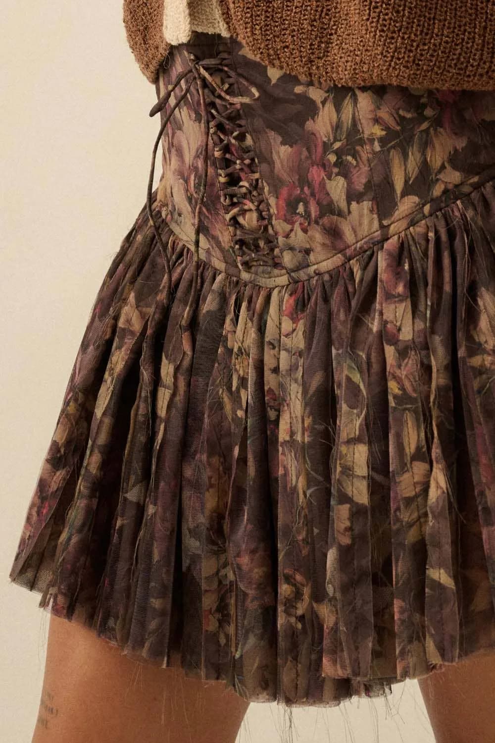 Floral Print Drop Waist Lace-Up Pleated Mini Skort by Promesa Restocked