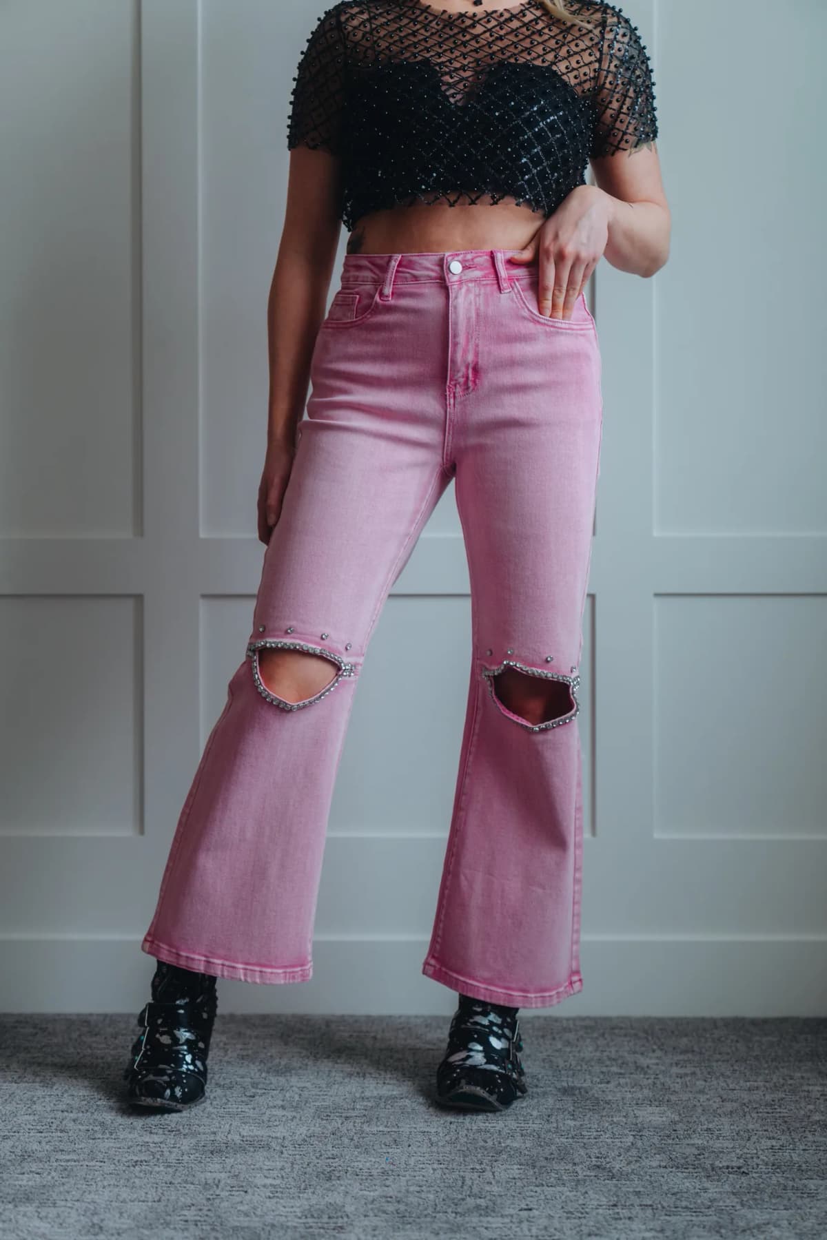 Pink High Waist Rhinestone Cutout Wide Leg Jeans