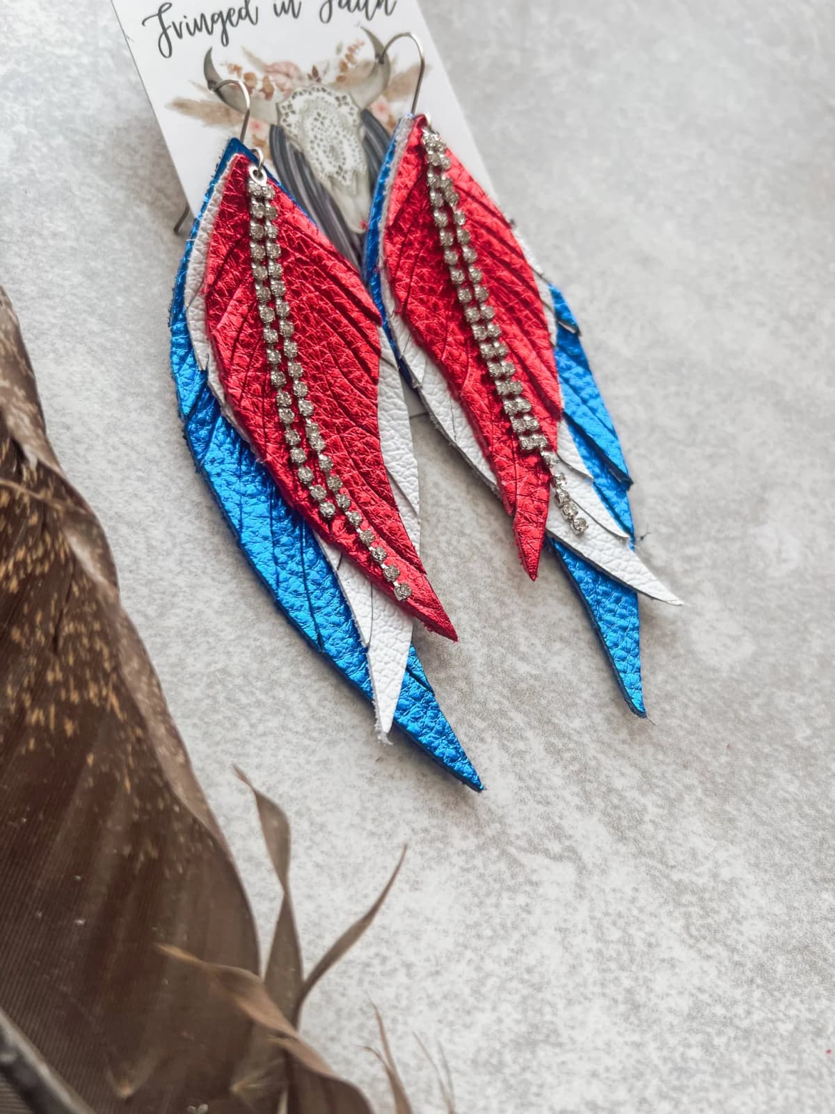 Patriotic Fringe Feather Earrings