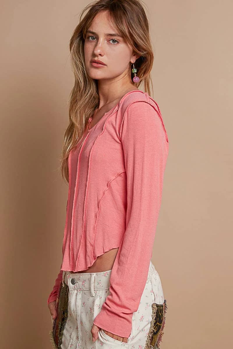 Notched Neck Detailed Long Sleeve Cropped Shirt (Watermelon Pink)