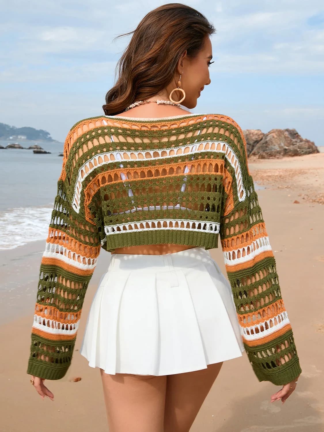 Openwork Boat Neck Dropped Shoulder Cover Up Multiple Colors