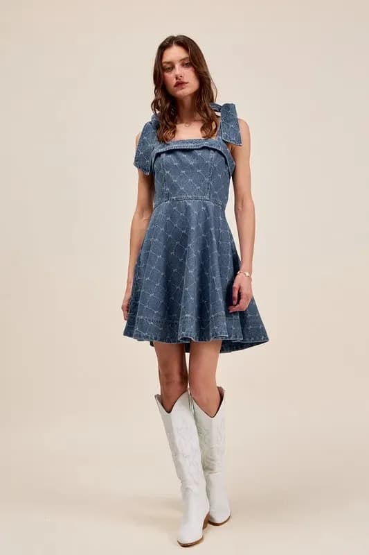 A Line Fit and Flare Diamond Bow Ribbon Denim Dress