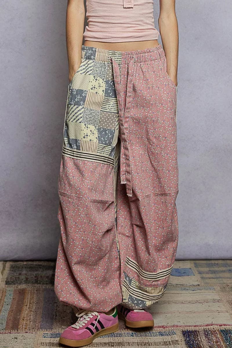 Printed Woven Contrast Band Trim Jogger Pants by POL