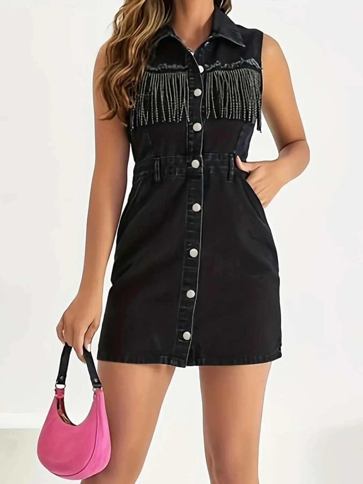 Fringe Detail Button-Front Mini Dress