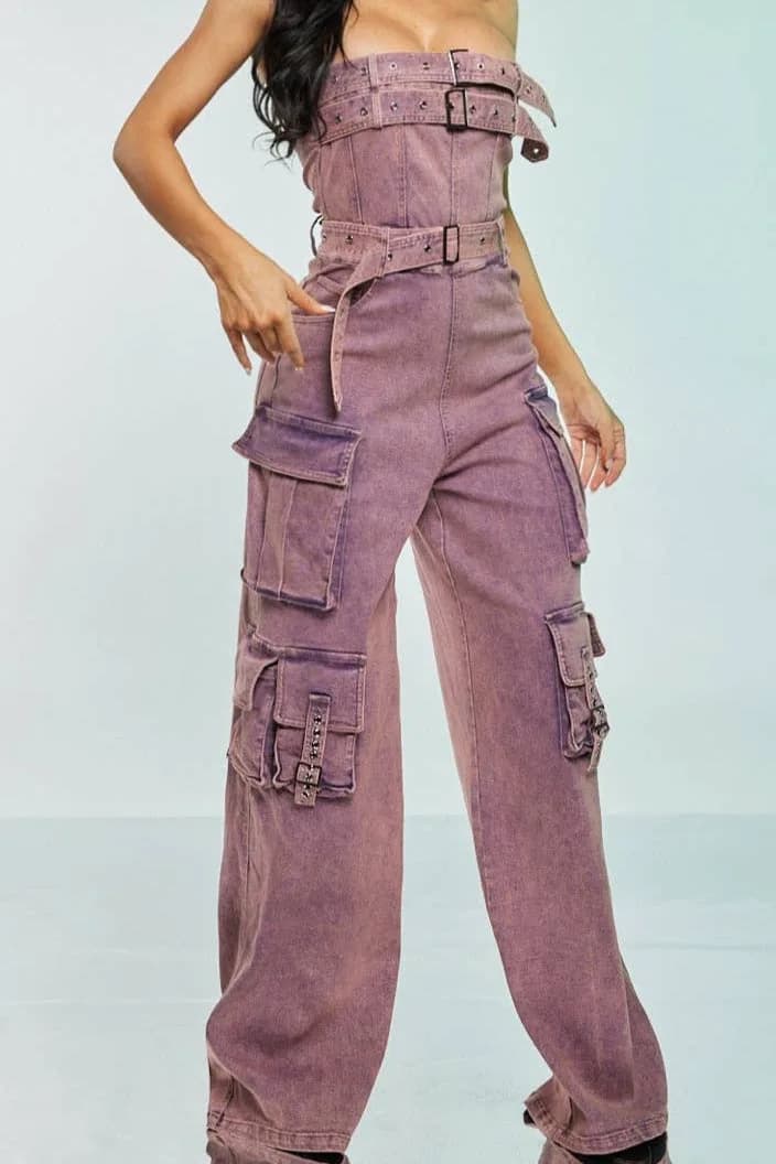 Pink Acid Wash Cargo Jumpsuit Spandex by WFFS