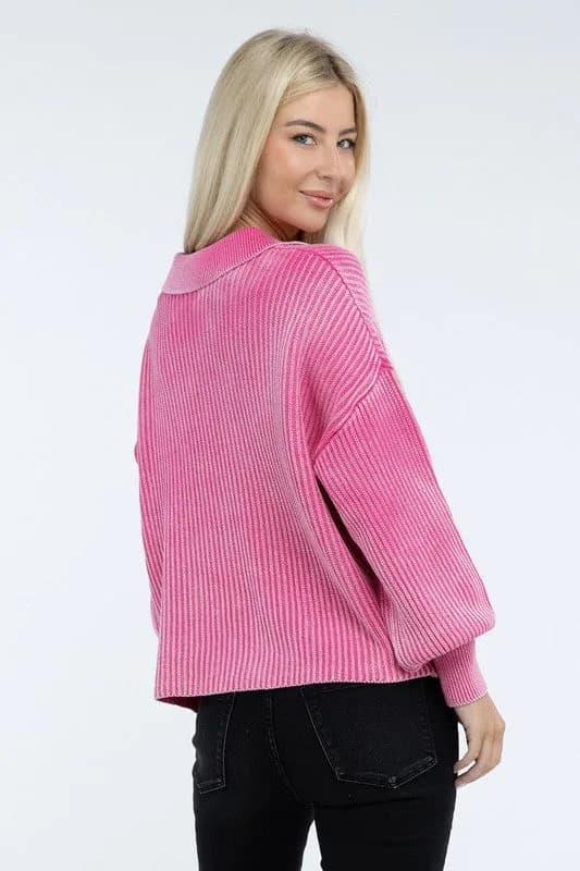 Washed Collared Henley Sweater Multiple Colors