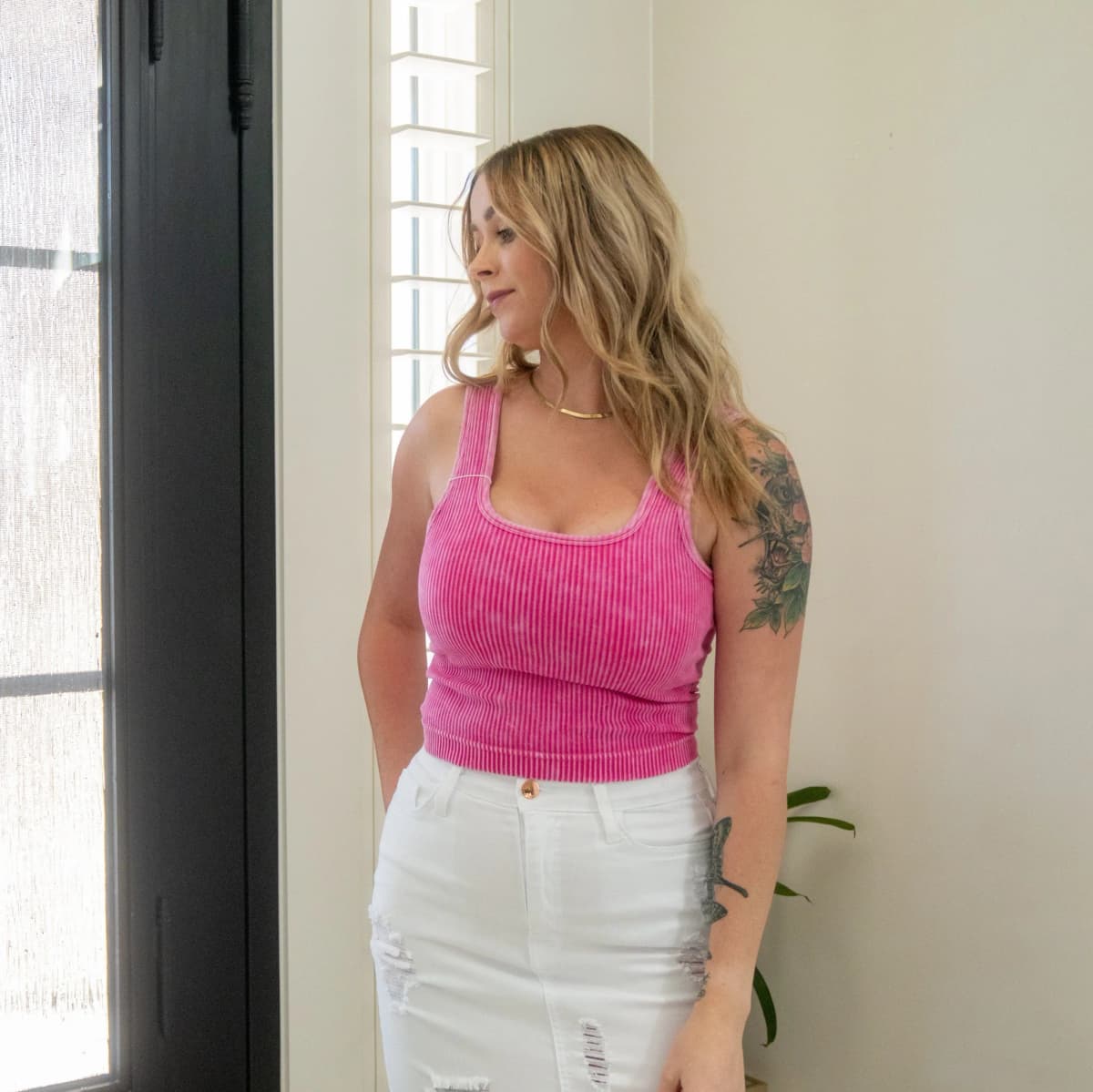 Stone Washed Ribbed Square Neck Tank Crop Top Zenana (Hot Pink)