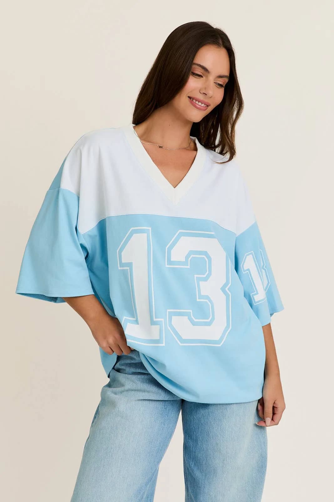Short Sleeve Number 13 V Neck Oversized Jersey Tee Multiple colors