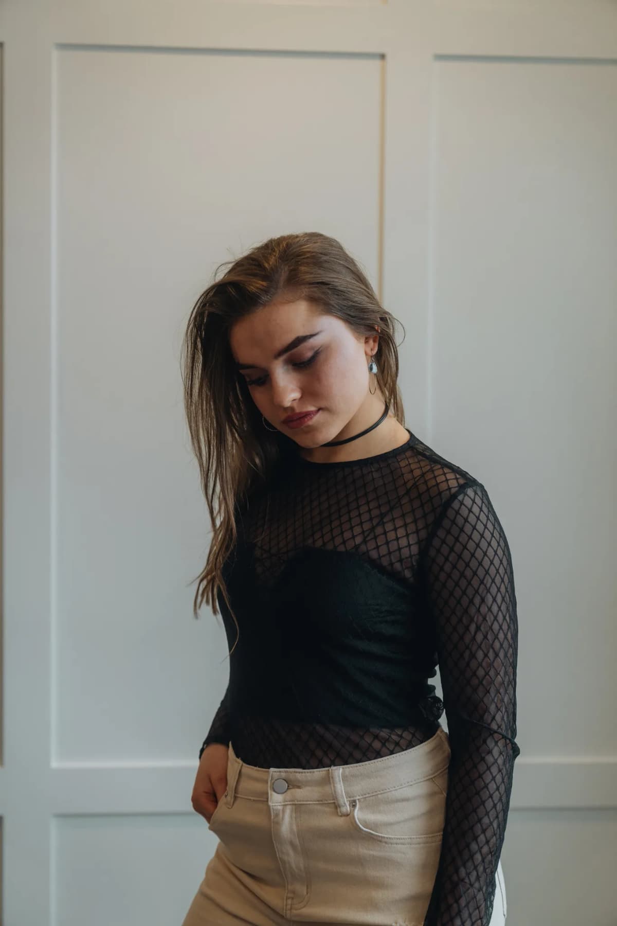 Lattice Mesh Round Neck Long Sleeve Bodysuit