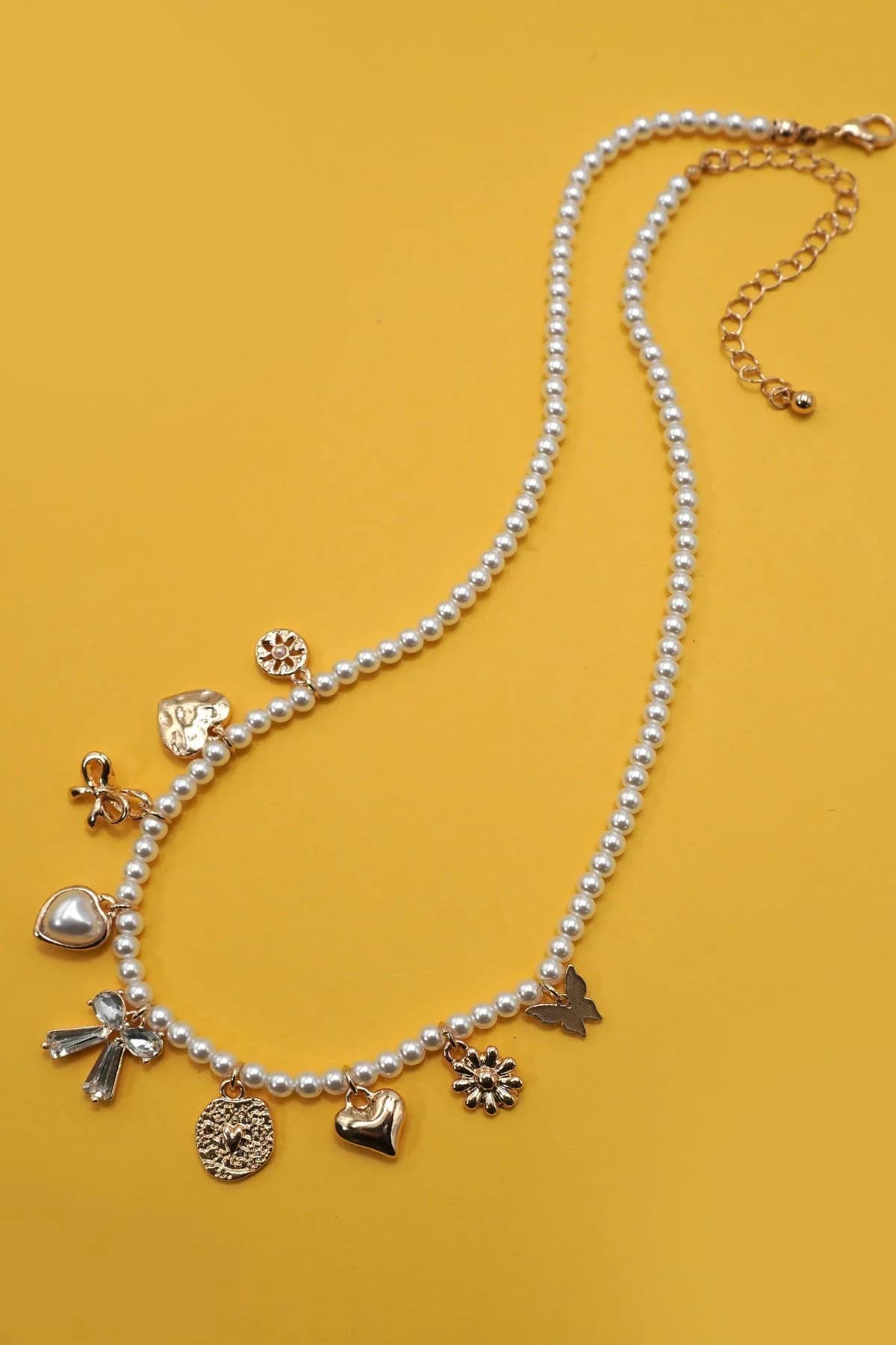Charm Necklace Bow Sunflower Heart Pearl Chain