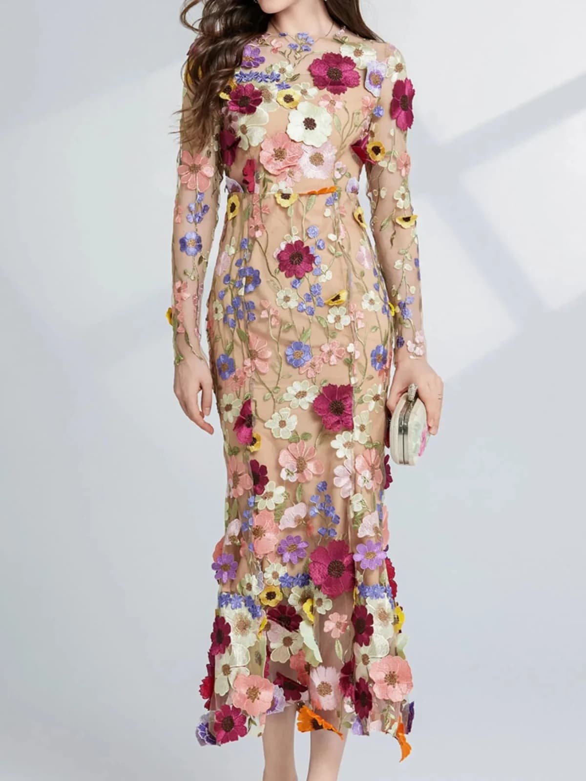 Floral Embroidered Mesh Long Sleeve Midi Dress