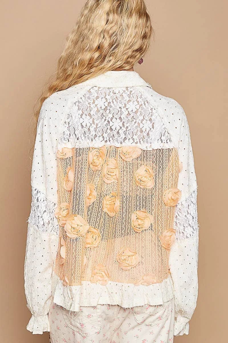 Long Sleeve Flower Pearl Detail Button Down Shirt Top by POL
