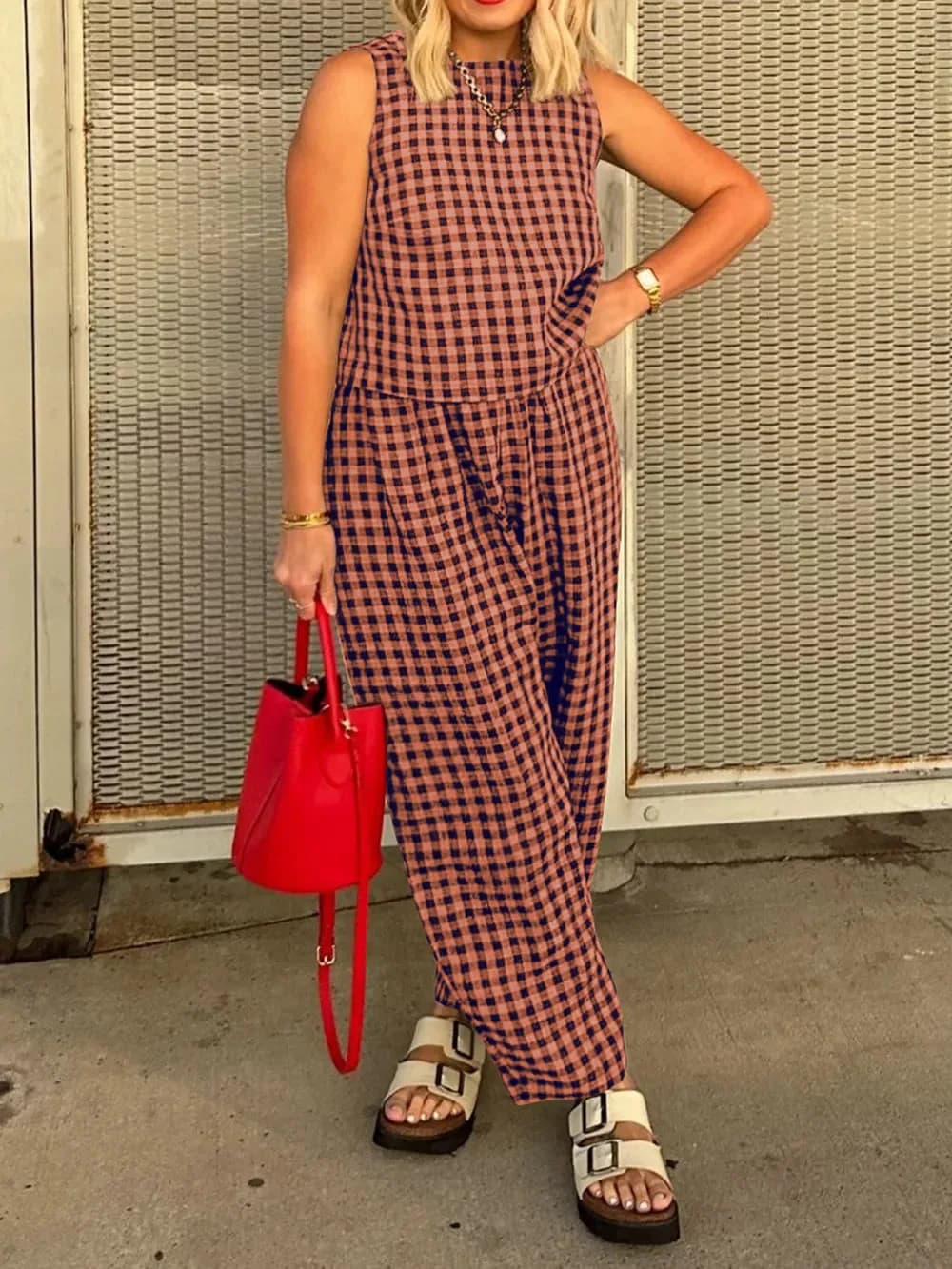 Lovelet Plaid Round Neck Sleeveless Top and Pants Set in Multiple Colors