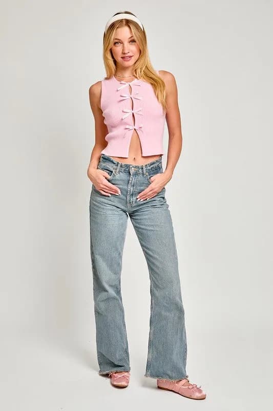 Satin Bow Detail Sleeveless Sweater Top Vest Multiple Colors