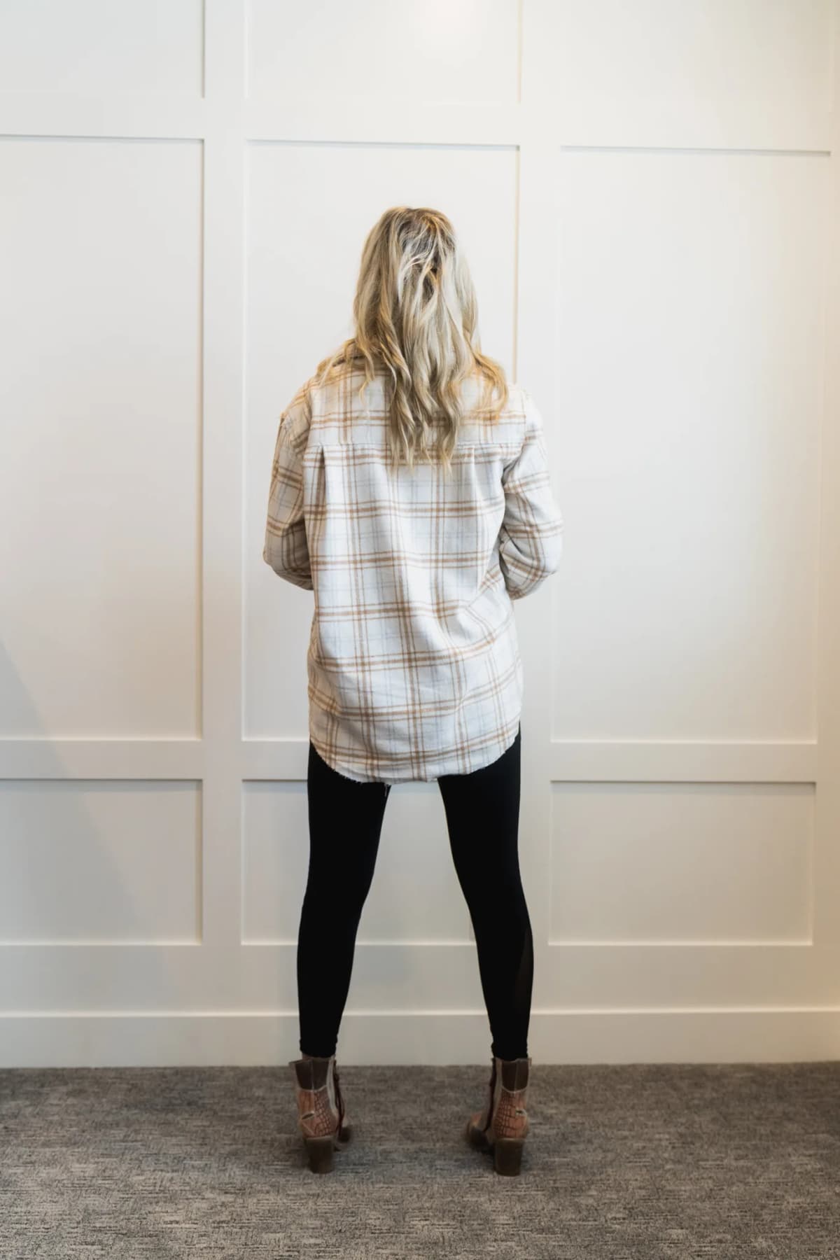 Button Down Fall Winter Plaid Shacket La Miel (Brown)