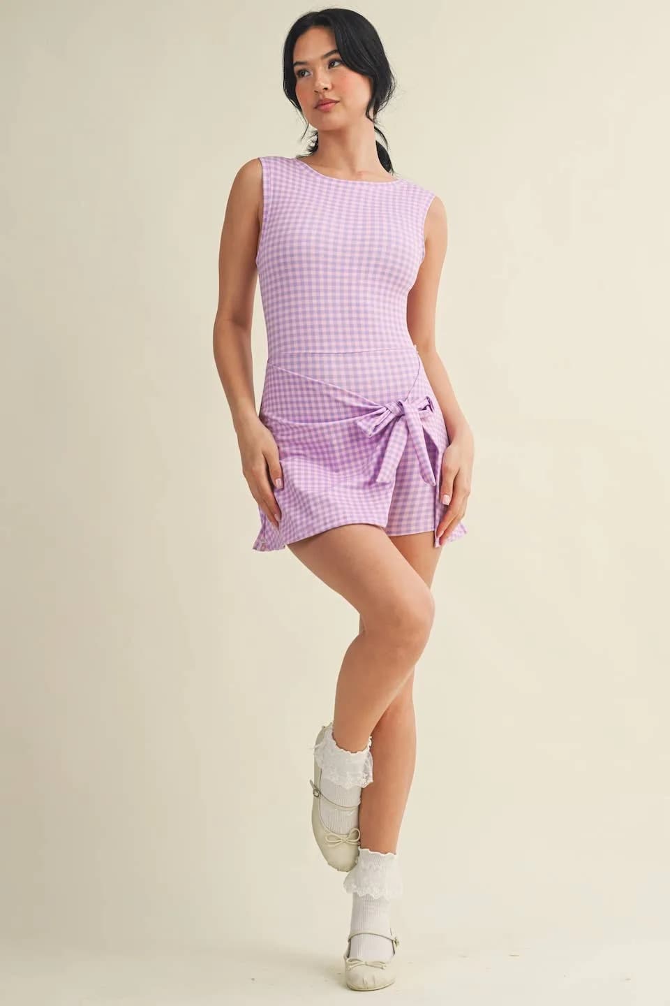 Gingham Print Sleeveless Wrap Tie Front Dress