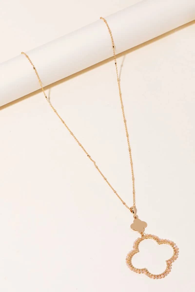 Beaded Clover Pendant Long Chain Necklace Anarchy Street (Pink)