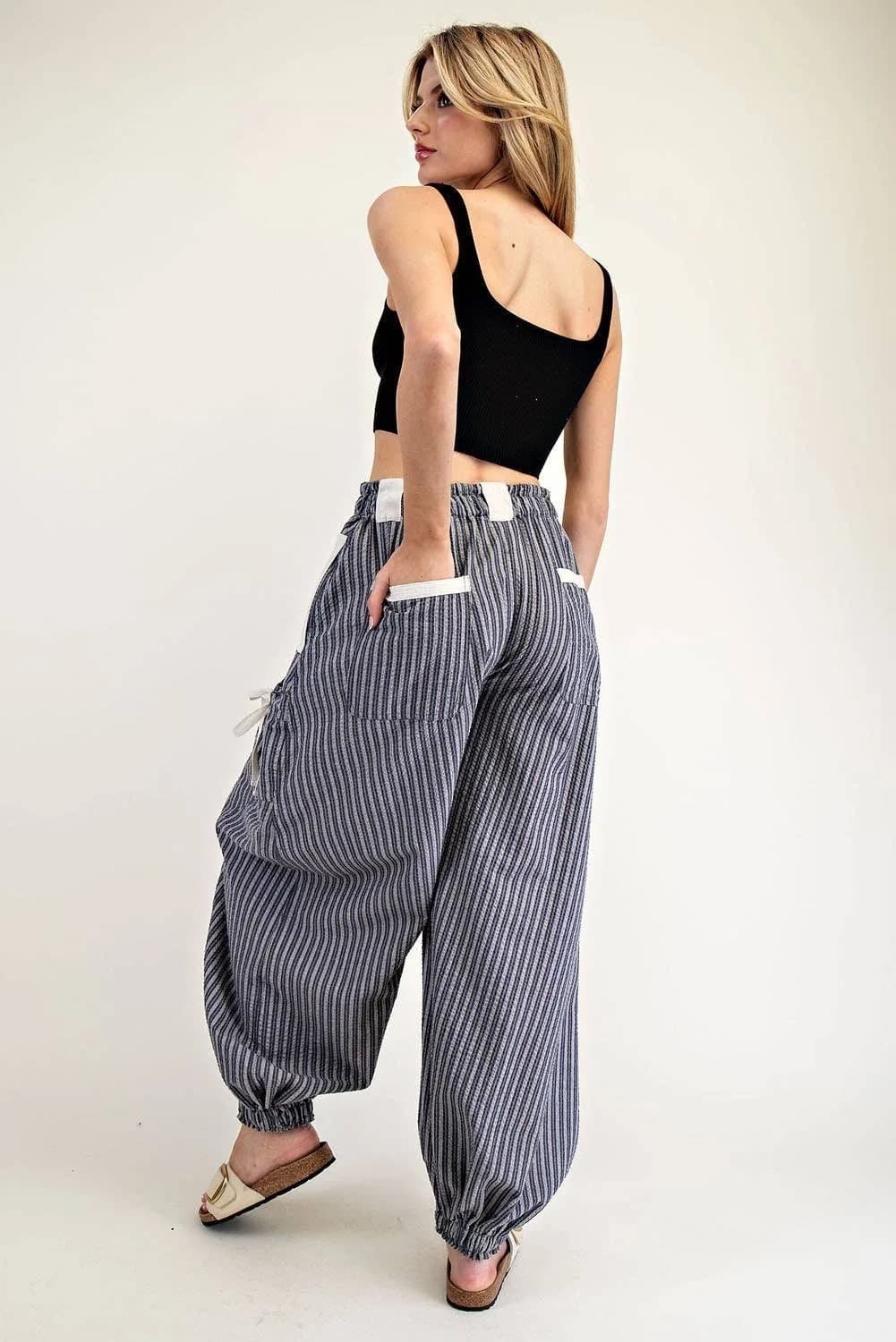 STRIPED DRAWSTRING SIDE POCKET JOGGER PANTS