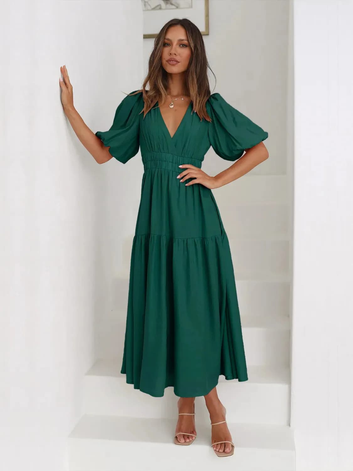 Tiered Surplice Half Sleeve Midi Dress in Multiple Colors