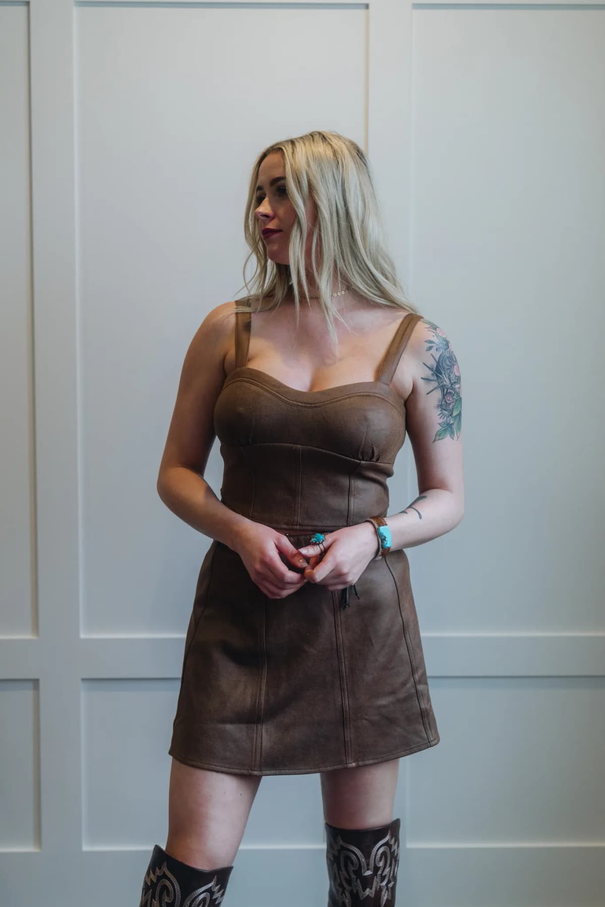 Faux Leather Panel Elastic Waist ALine Mini Skirt Promesa