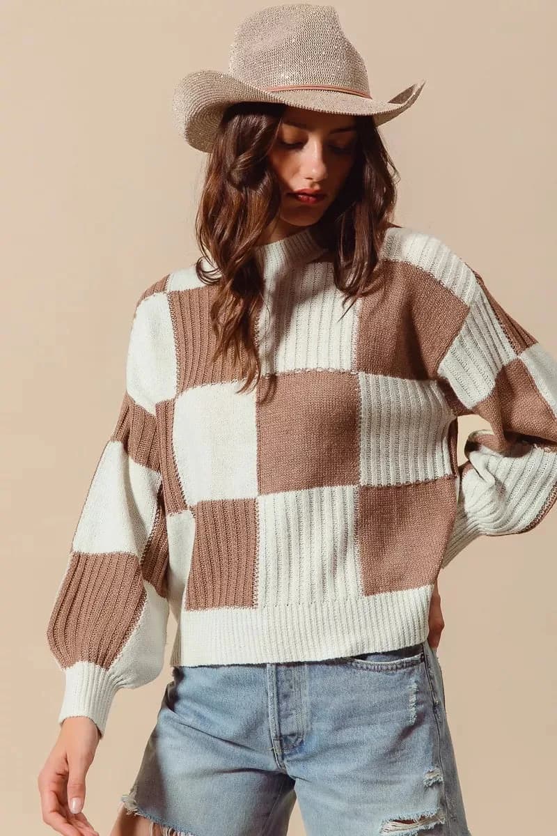 SO ME Ribbed Color Block Checkered Plaid Sweater