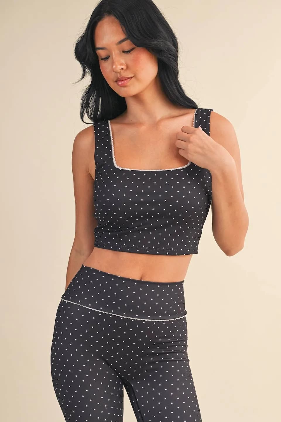 Polka Dot Print Crop Tank with Lace Trim by Kimberly C