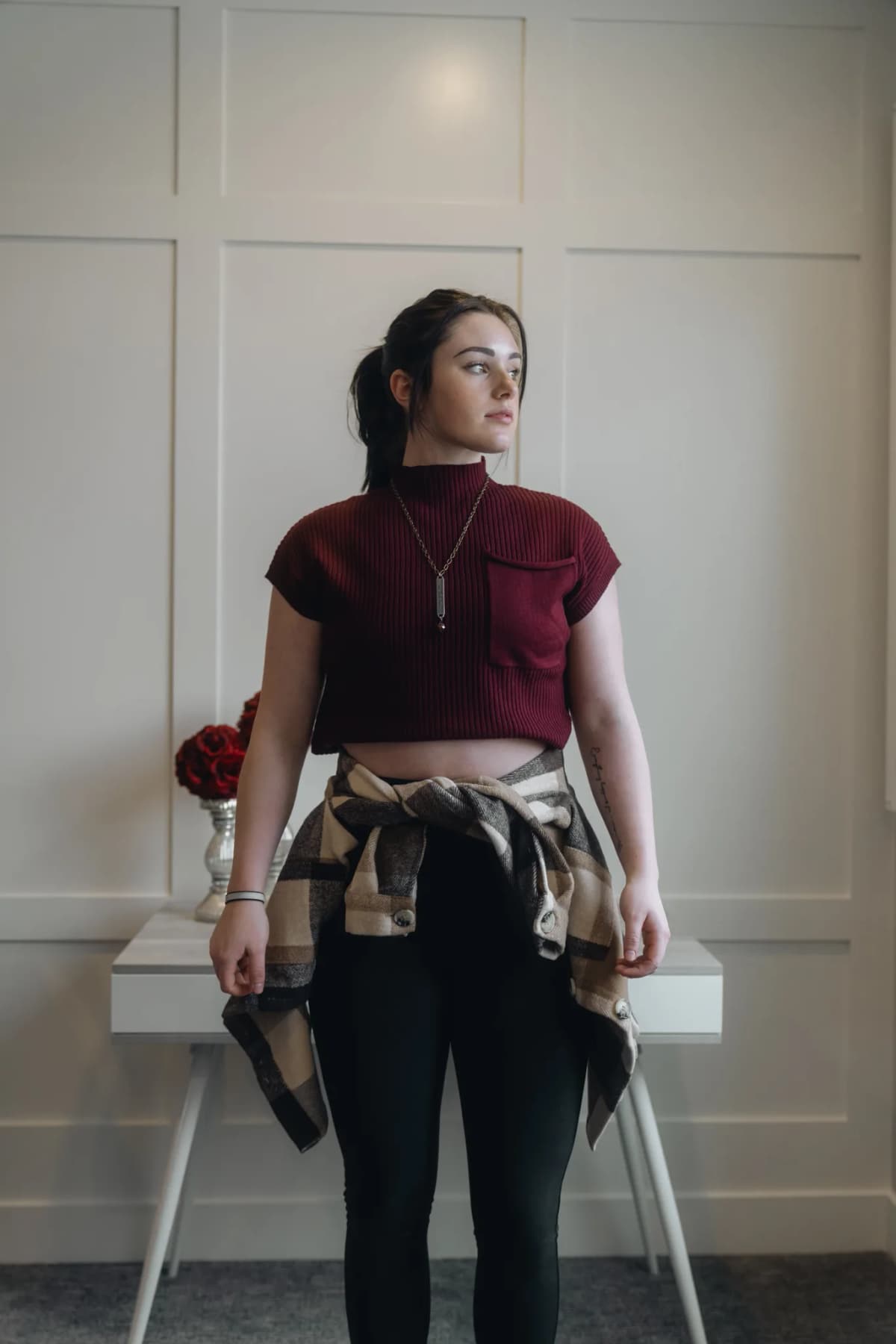 Plaid Color Block Buttoned Long Sleeve Shacket with Pocket