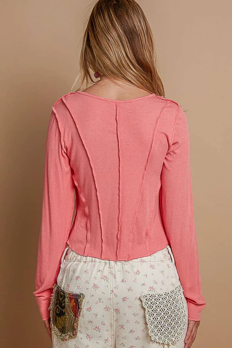 Notched Neck Detailed Long Sleeve Cropped Shirt (Watermelon Pink)