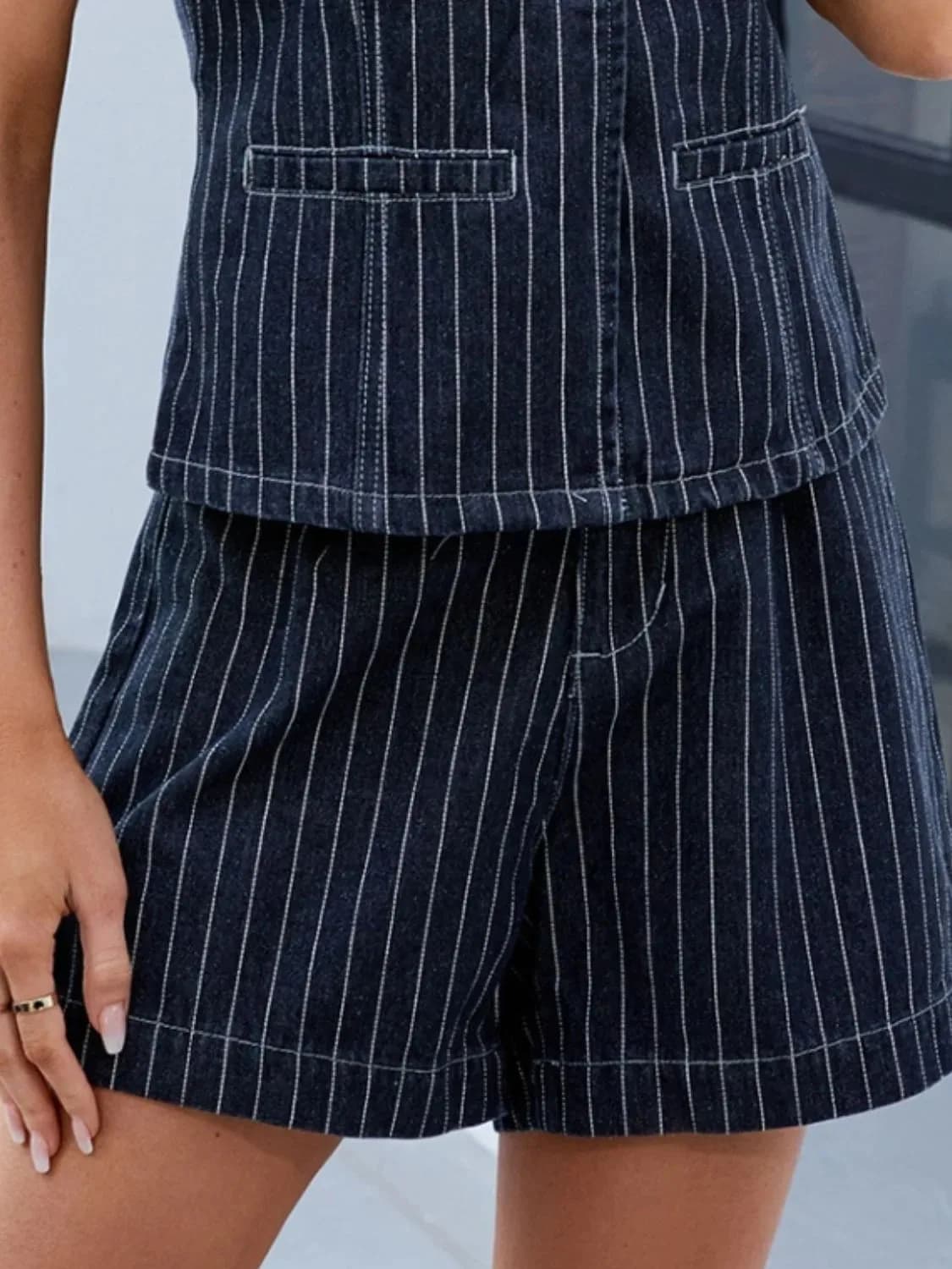 Moni Round Neck Striped Top and Shorts Denim Set