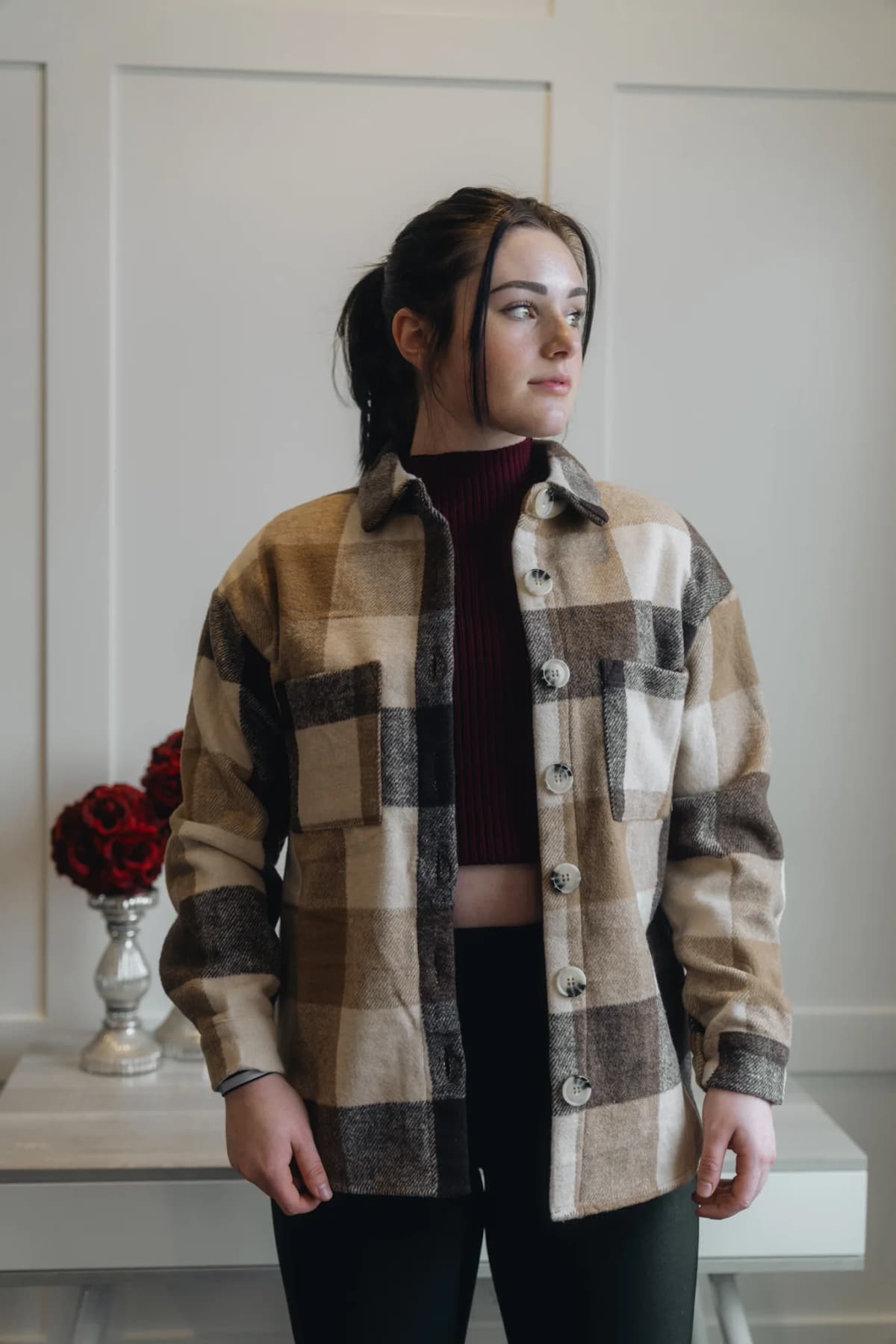 Plaid Color Block Buttoned Long Sleeve Shacket with Pocket