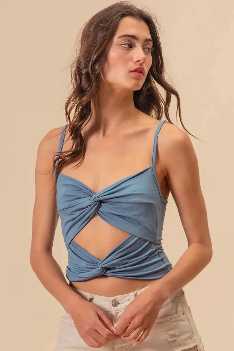 BiBi Rayon Span Jersey Knit Double Twist Front Cami Top
