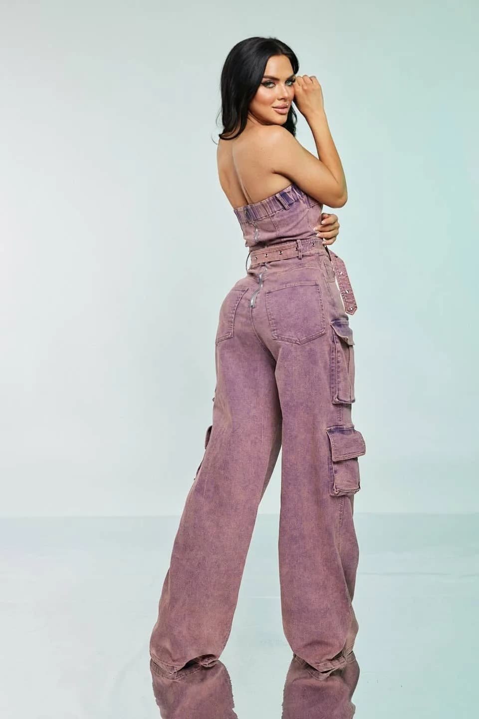 Pink Acid Wash Cargo Jumpsuit Spandex by WFFS