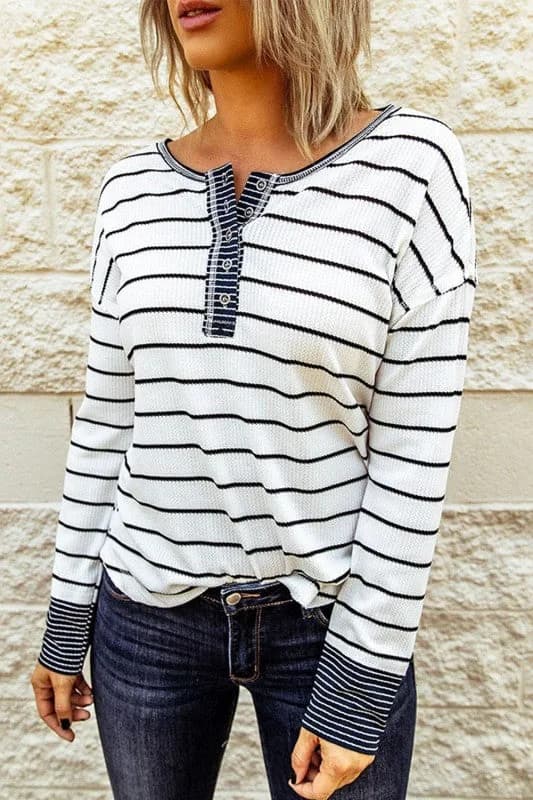 Stripe Waffle Knit Buttoned Henley Top