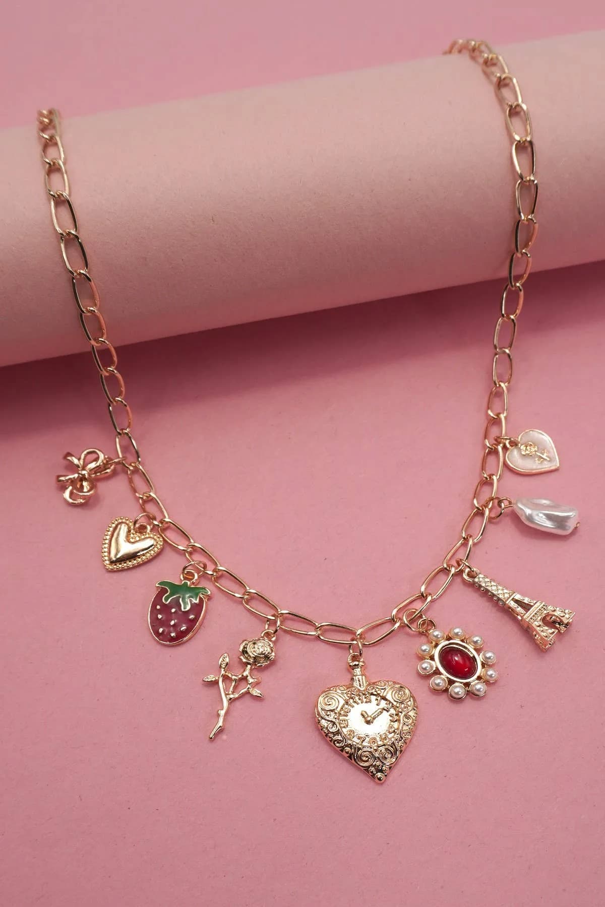 Charm Necklace Heart Bow Rose Strawberry Eiffel Tower