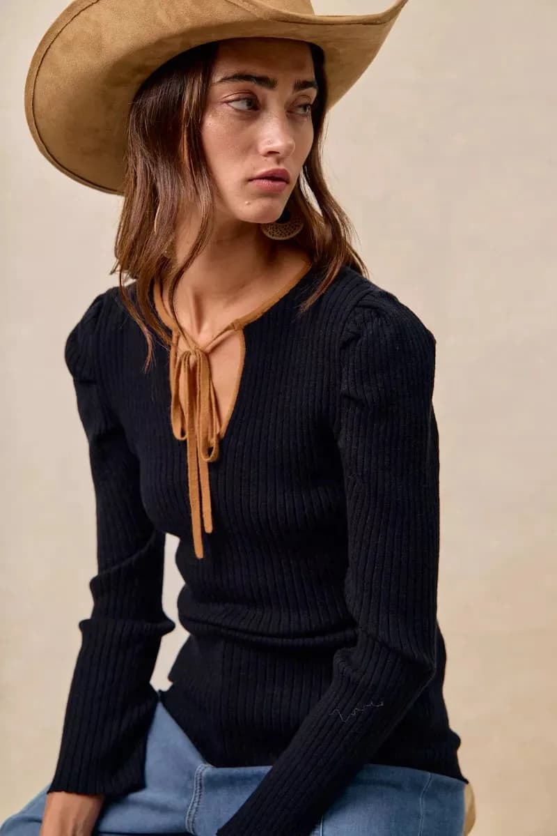 BiBi Ribbed Contrast Front Tied Top with Shried