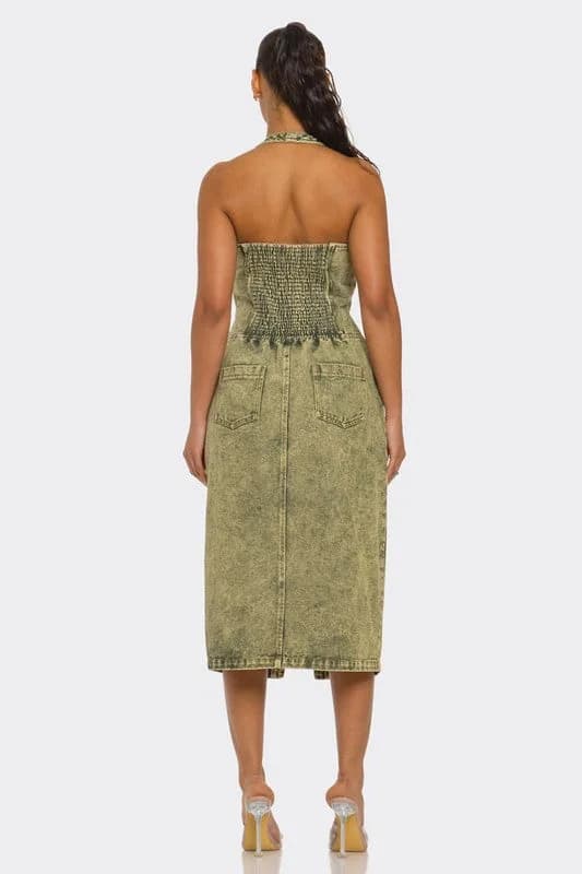 Contour Fit Zip-Front Denim Midi Dress