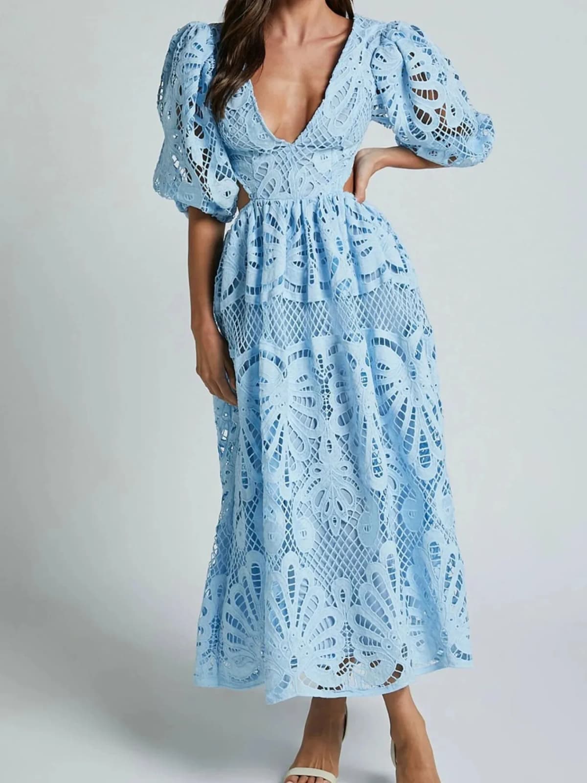 Cutout Back Lace Crochet V-Neck Dress Multiple Colors