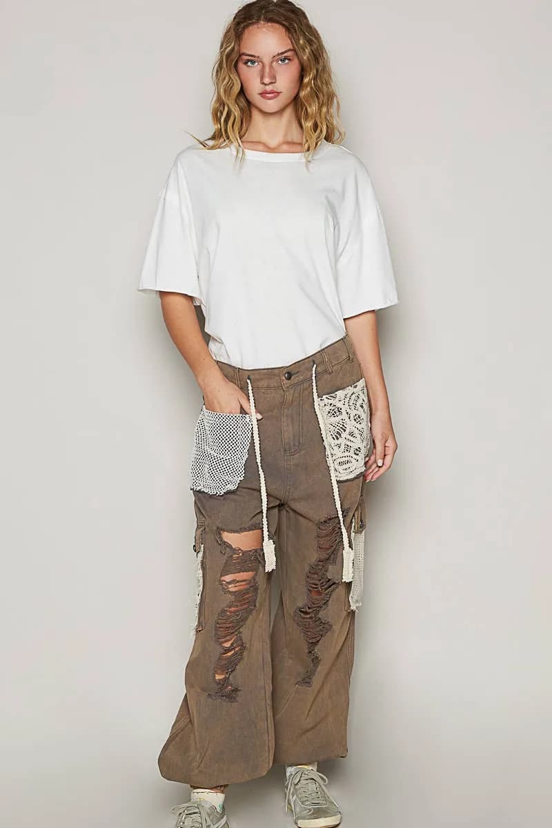 POL Camo Crochet Patches Distressed Jogger Pants