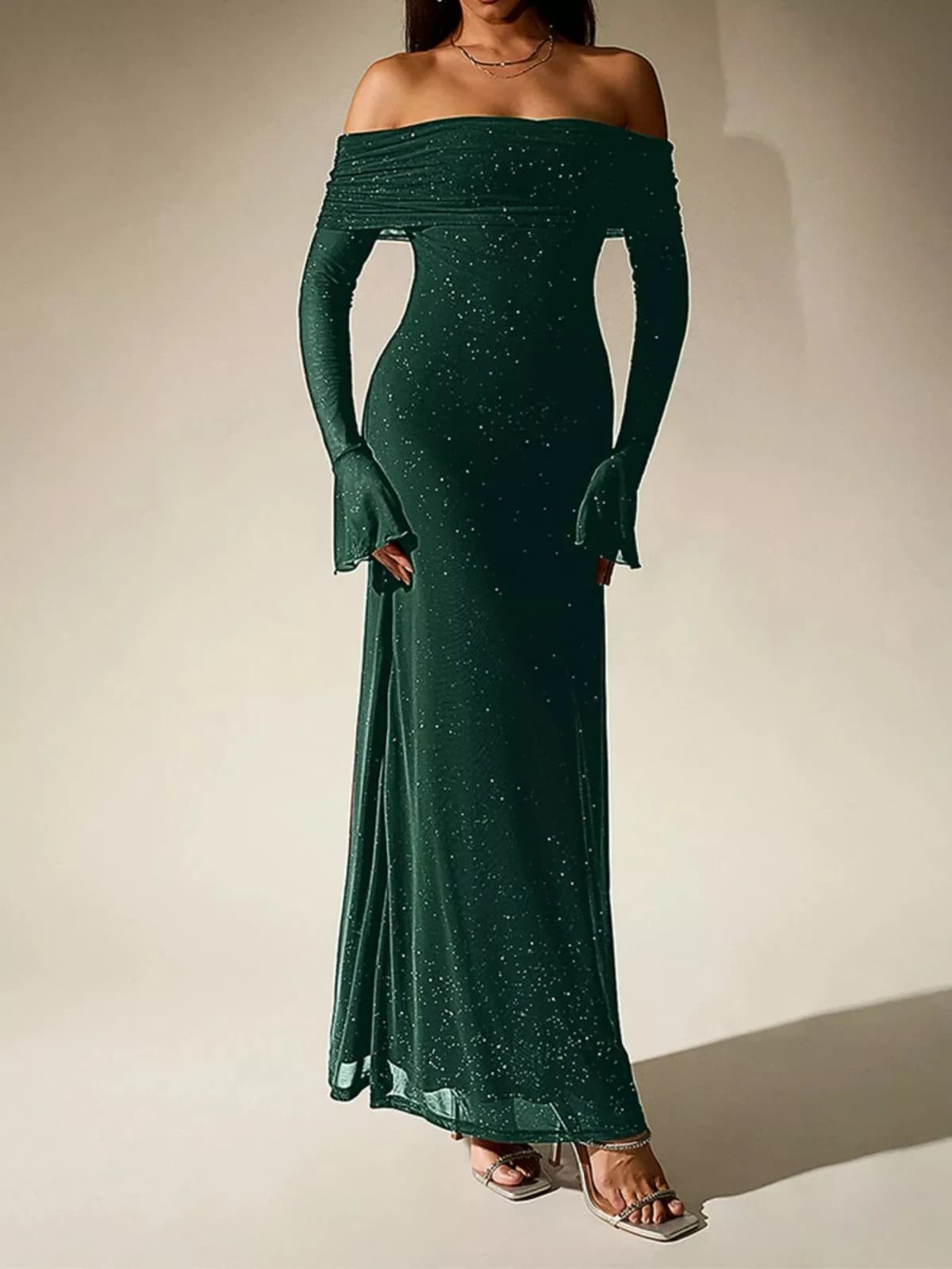 Glitter Off-Shoulder Maxi Dress