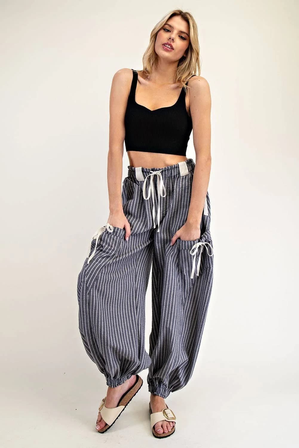STRIPED DRAWSTRING SIDE POCKET JOGGER PANTS