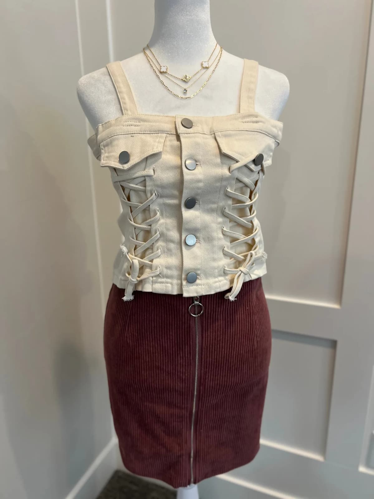 Denim Button Down Lace Up Detail Smocked Back Crop Top