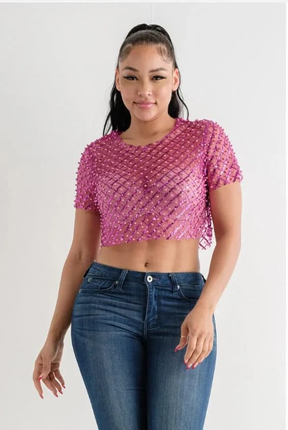 Mesh Beaded Sequin Crop Top