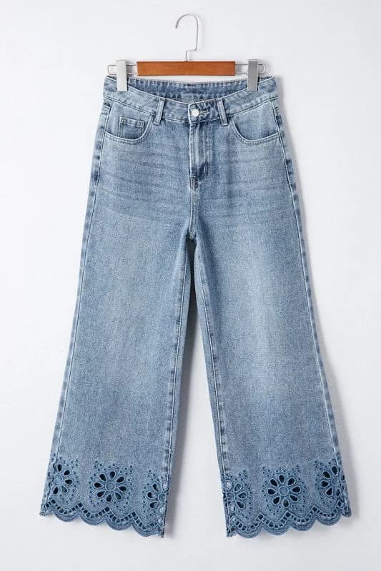 Solid Denim Embroidered Wide Leg Jeans