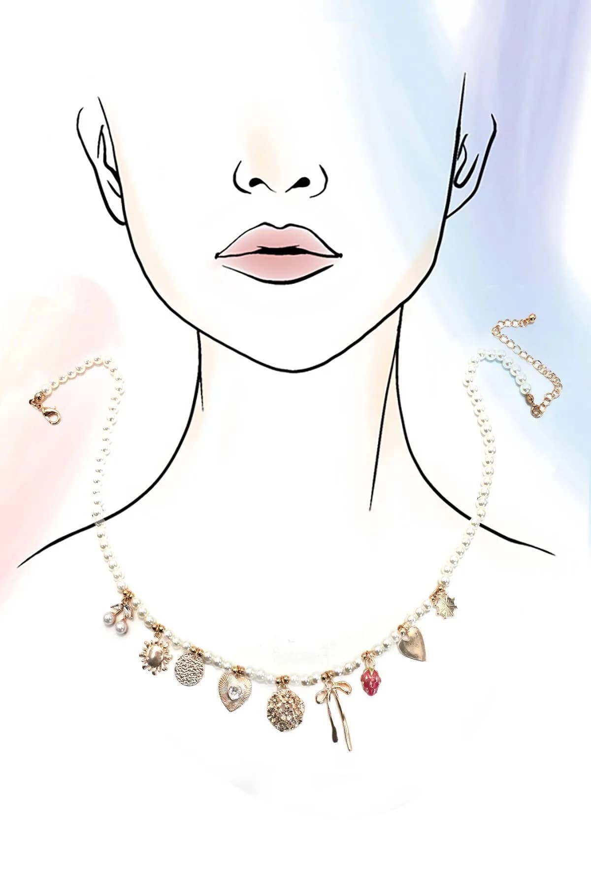 Pearl Beaded Bow Strawberry Cherry Necklace