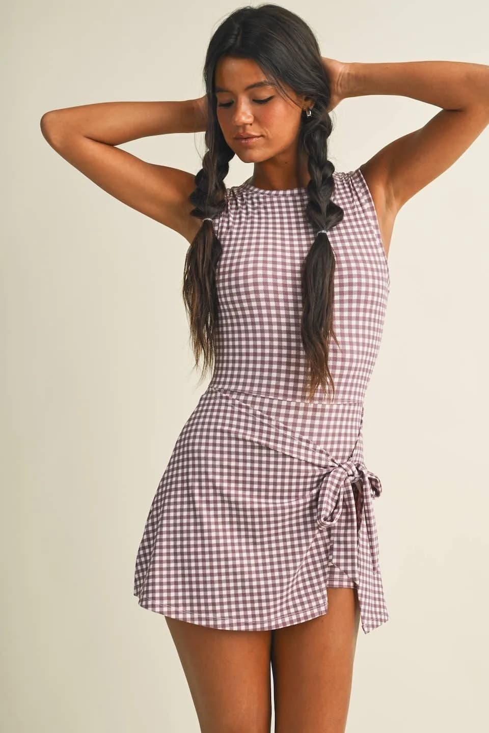 Gingham Print Sleeveless Wrap Tie Front Dress
