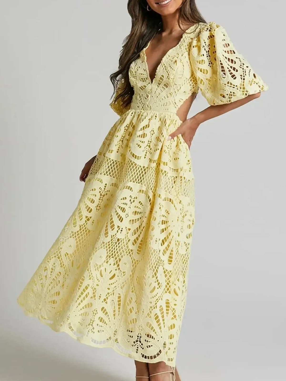 Cutout Back Lace Crochet V-Neck Dress Multiple Colors