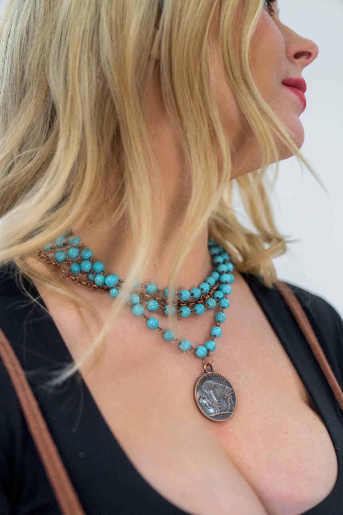 Blue Turquoise Collar Length Necklace with Indian Head Coin The Jewelry Junkie